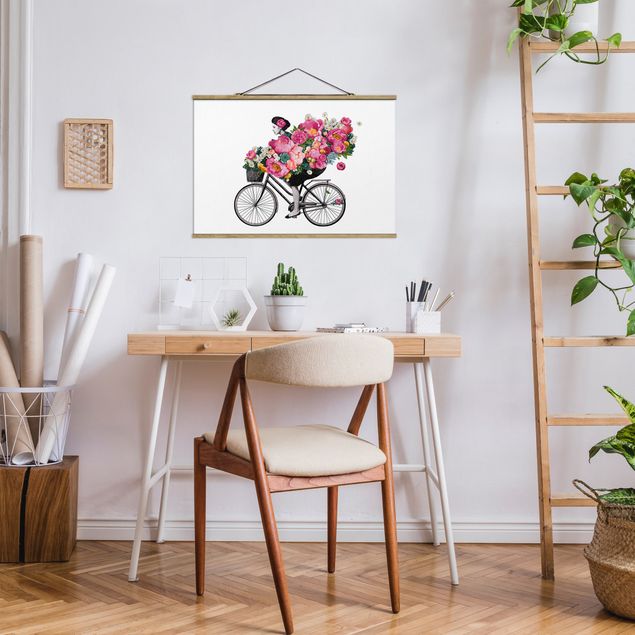 Obrazy nowoczesne Ilustracja Kobieta na rowerze Kolaż kolorowych kwiatów