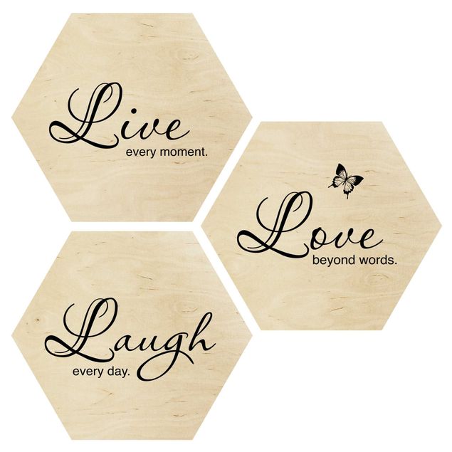 Obraz heksagonalny z drewna 3-częściowy - Żyj Śmiej się Kochaj
