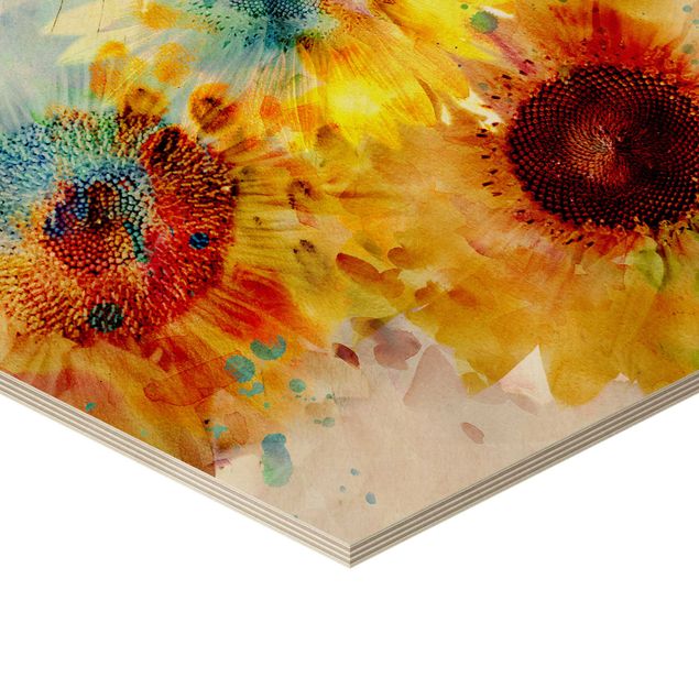 Obraz heksagonalny z drewna - Akwarela Kwiaty Słoneczniki