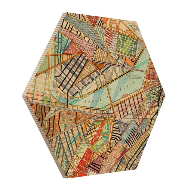 Obraz heksagonalny z drewna - Nowoczesna mapa Bostonu