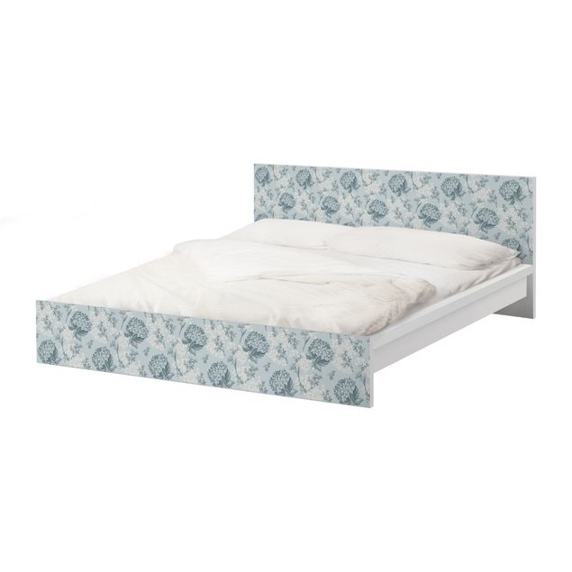 Okleina meblowa IKEA - Malm łóżko 160x200cm - Wzór hortensji w kolorze niebieskim