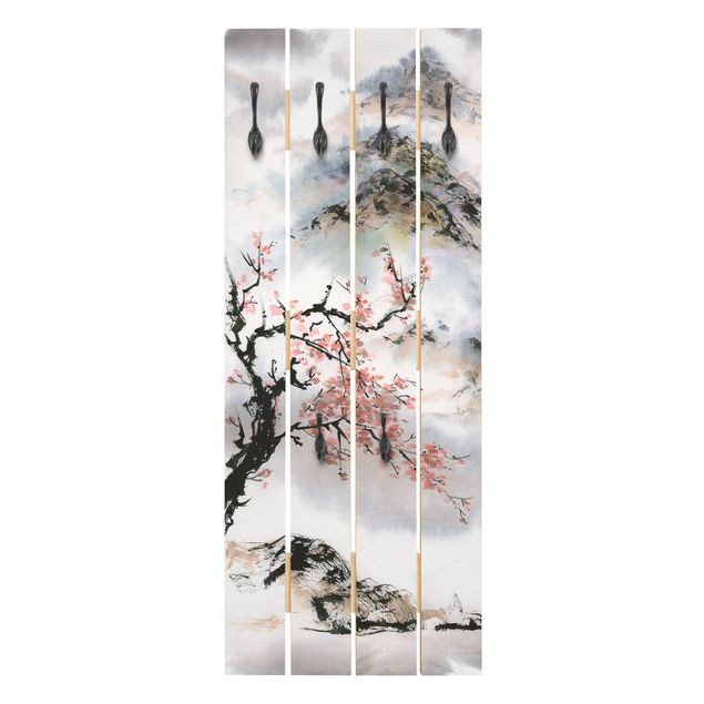 Wieszak ścienny - Japońska akwarela Drzewo wiśniowe i góry