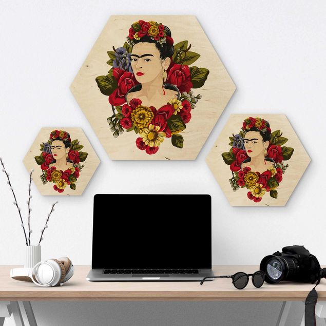 Obraz heksagonalny z drewna - Frida Kahlo - Róże