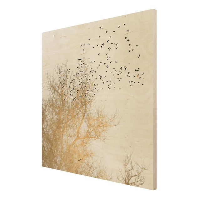 Obrazy z drewna Stado ptaków na tle złotego drzewa