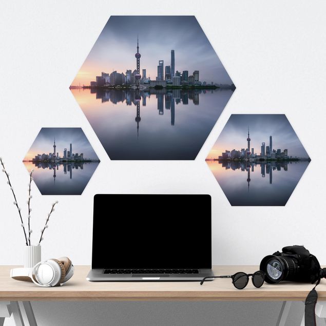 Obraz heksagonalny z Alu-Dibond - Szanghaj Skyline Poranny nastrój