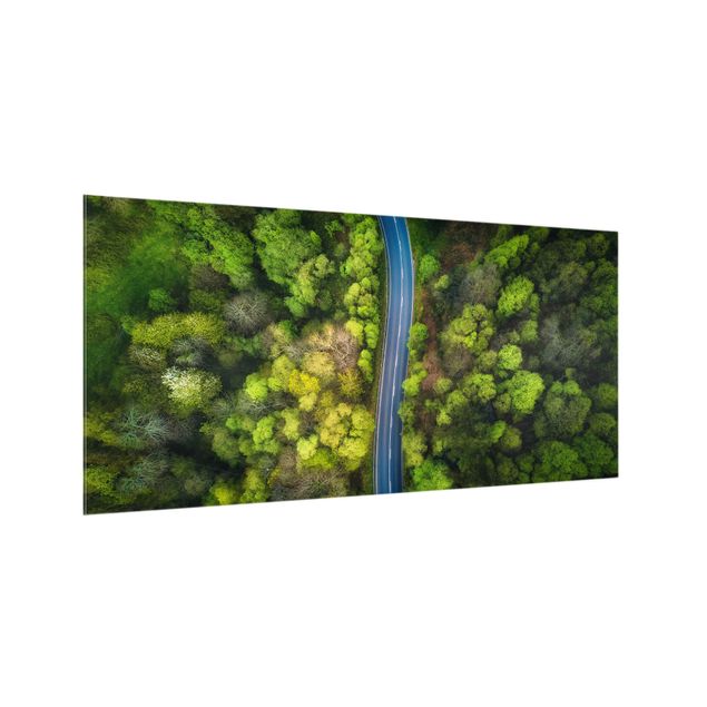 Panel szklany do kuchni - Zdjęcie lotnicze - Droga asfaltowa w lesie