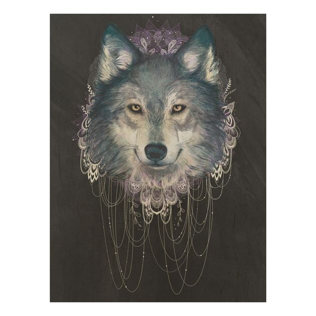 Obrazy na ścianę Ilustracja wilka z boho łowcą snów Czarna