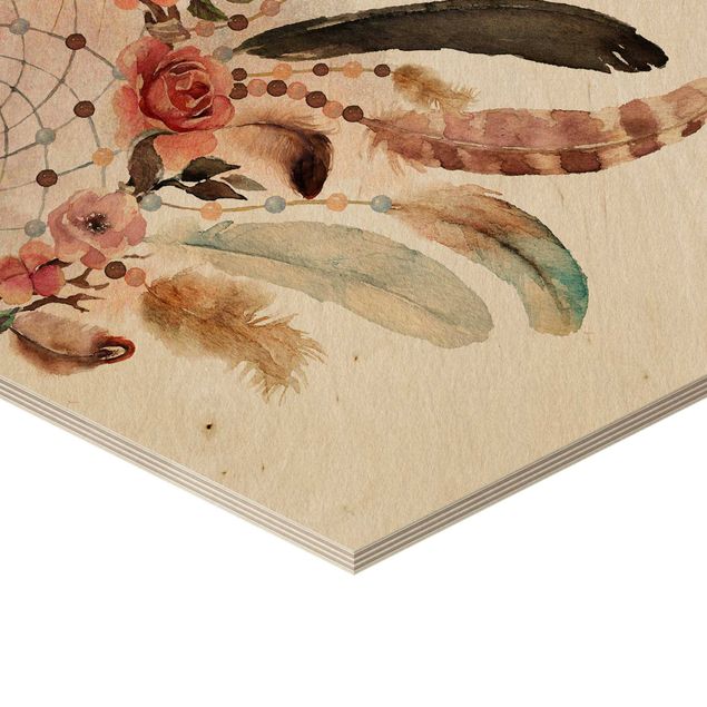 Obraz heksagonalny z drewna 3-częściowy - Akwarela Dreamcatcher z piórami