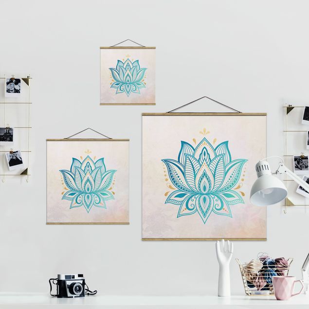 Obraz niebieski Lotus Ilustracja mandali złoto niebieski