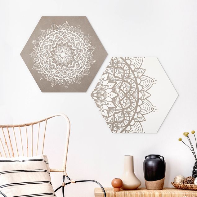 Obraz heksagonalny z Forex 2-częściowy - Mandala Ilustracja shabby zestaw beżowo-biały