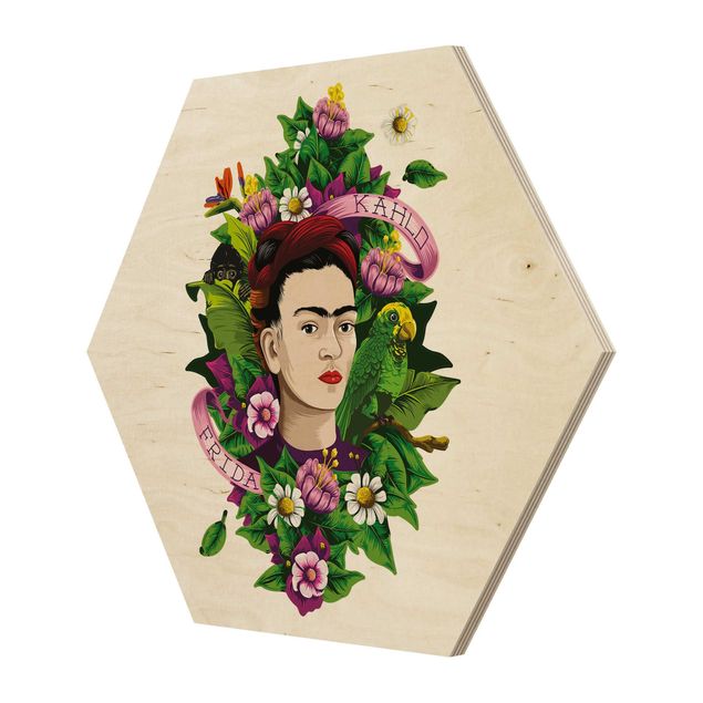 Obraz heksagonalny z drewna - Frida Kahlo - Frida, małpa i papuga
