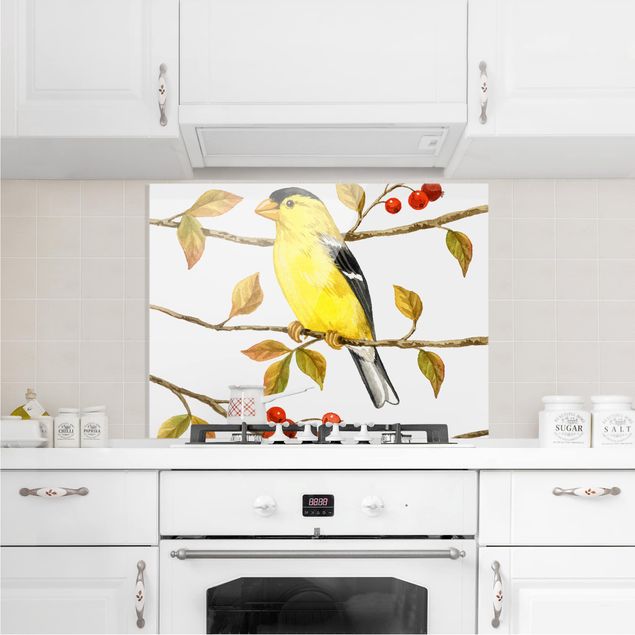 Panel szklany do kuchni Ptaki i jagody - Złotogłów