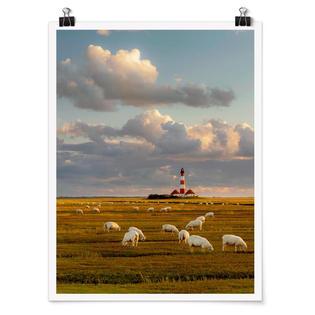 Obrazy na ścianę krajobrazy Latarnia morska na Morzu Północnym ze stadem owiec