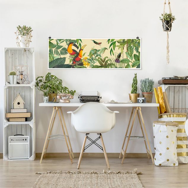 Obrazy do salonu nowoczesne Kolaże w stylu vintage - Ptaki w dżungli