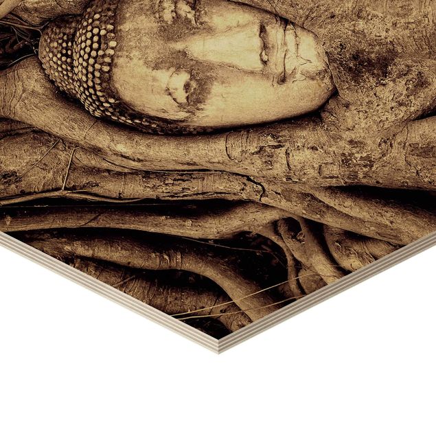 Obraz heksagonalny z drewna - Budda w Ayutthaya otoczony korzeniami drzew w kolorze brązowym