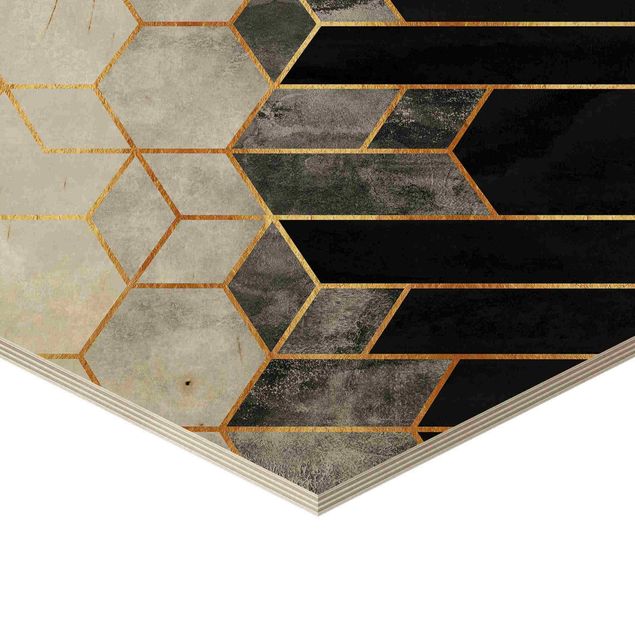 Obraz heksagonalny z drewna 2-częściowy - Złota geometria Zestaw akwareli