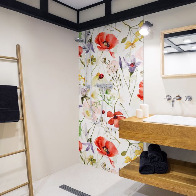 Tylna ścianka prysznicowa - Ladybird With Poppies In Watercolour