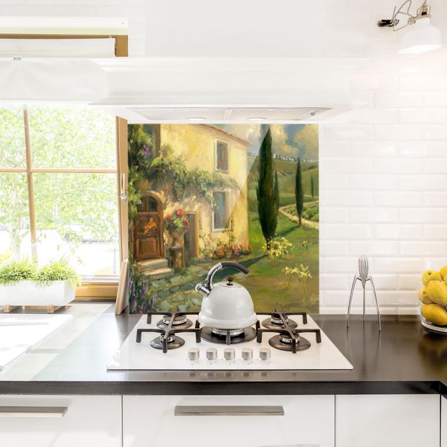 Panel szklany do kuchni Krajobraz włoski - drzewo cyprysowe