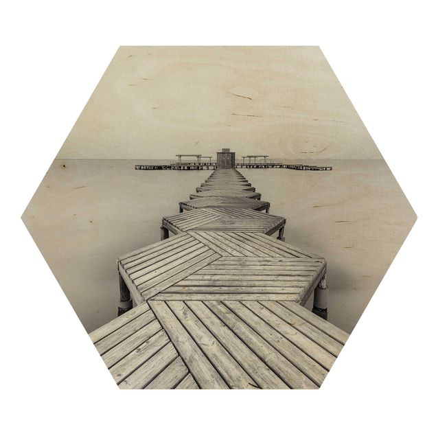 Obraz heksagonalny z drewna - Drewniane molo i czerń i biel