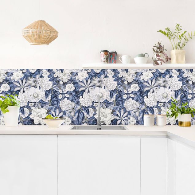 Panel szklany do kuchni Białe kwiaty na tle błękitu