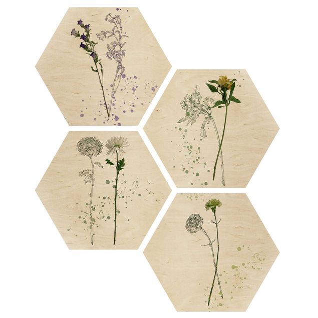 Obraz heksagonalny z drewna 4-częściowy - Zestaw akwareli botanicznych I