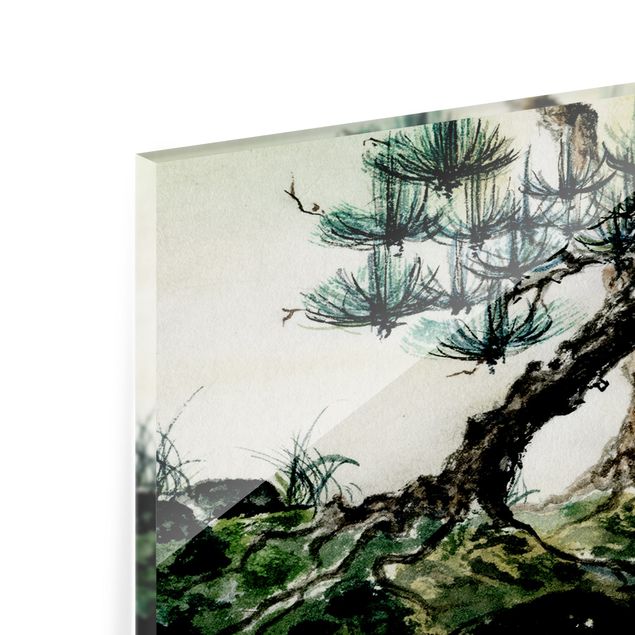 Panel szklany do kuchni - Japońska akwarela Drzewo sosnowe i górska wioska