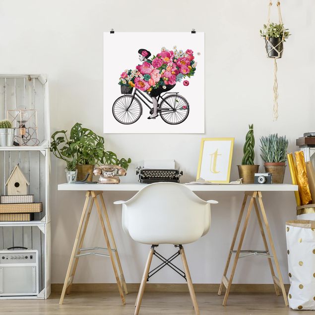 Obrazy nowoczesne Ilustracja Kobieta na rowerze Kolaż kolorowych kwiatów