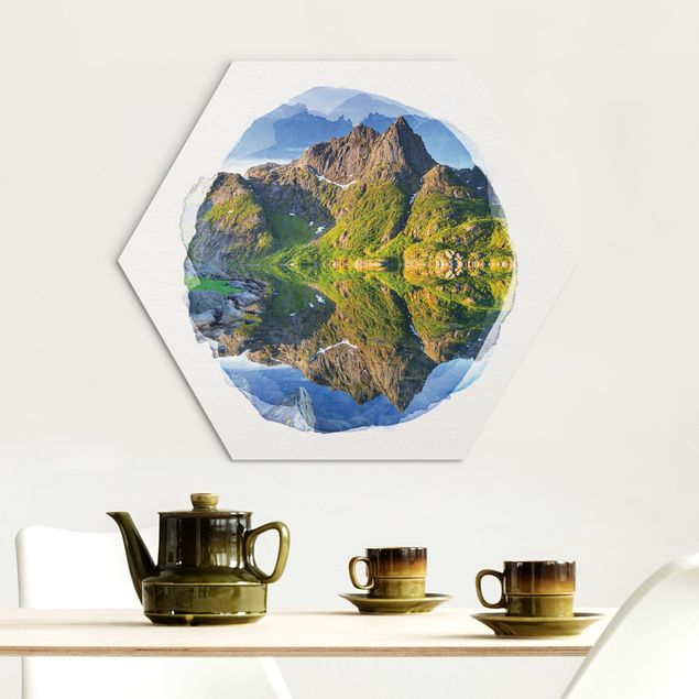 Obrazy do salonu Akwarele - Krajobraz górski z odbiciem wody w Norwegii