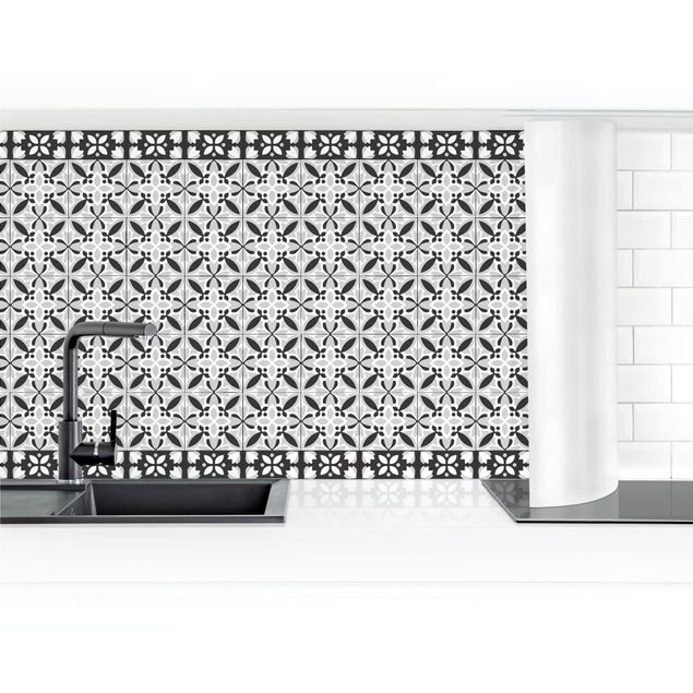 Panel ścienny do kuchni - Płytka geometryczna Mix Flower Czarna