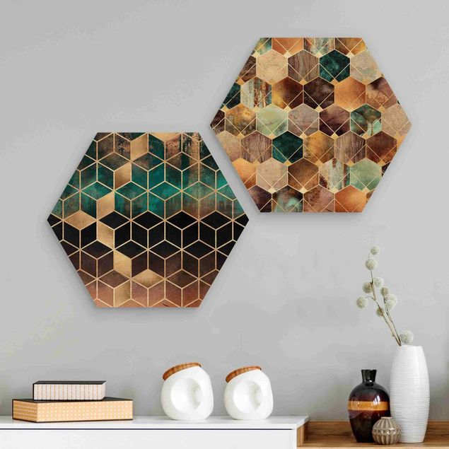 Obraz heksagonalny z drewna 2-częściowy - Turkusowa geometria Złoty zestaw Art Deco