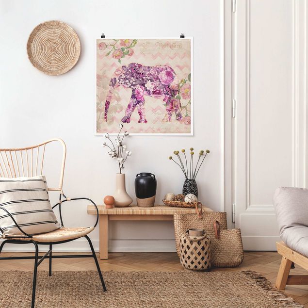 Nowoczesne obrazy do salonu Kolaż w stylu vintage - różowe kwiaty, słoń