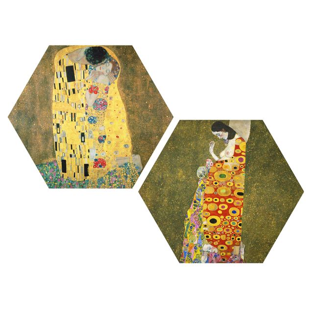 Obraz heksagonalny z Alu-Dibond 2-częściowy - Gustav Klimt - Pocałunek i nadzieja
