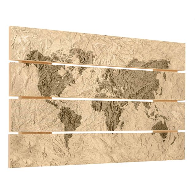 Obraz z drewna - Papierowa mapa świata beżowo-brązowa