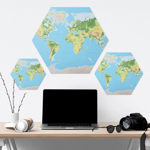 Obraz heksagonalny z Alu-Dibond - Fizyczna mapa świata