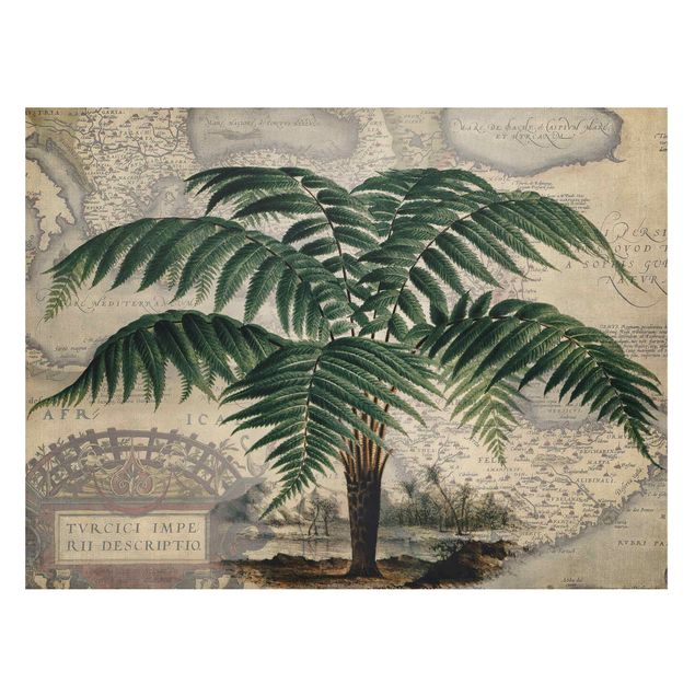 Obrazy do salonu nowoczesne Kolaż w stylu vintage - drzewo palmowe i mapa świata