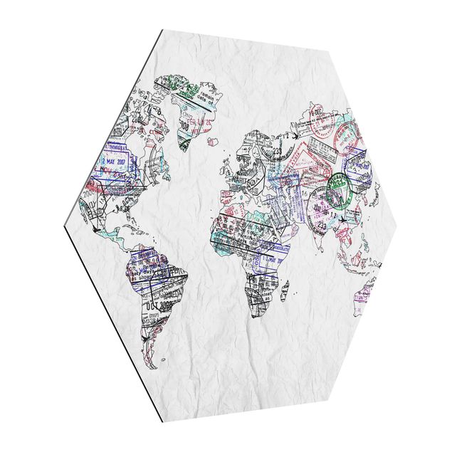 Obraz heksagonalny z Alu-Dibond - Mapa świata z pieczątką paszportową