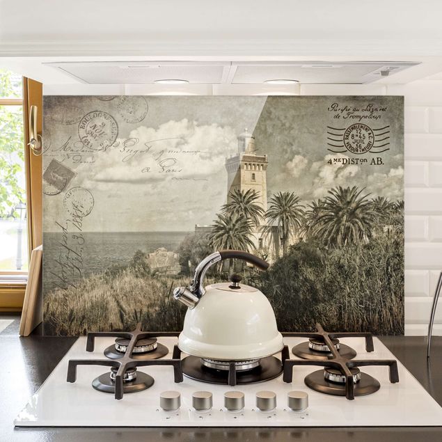 Dekoracja do kuchni Pocztówka w stylu vintage z latarnią morską i palmami