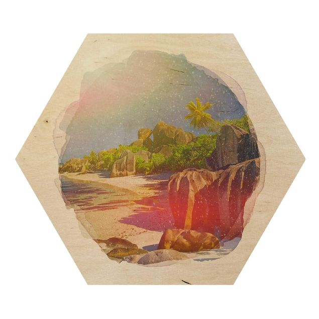 Obraz heksagonalny z drewna - Akwarele - Dream Beach Seychelles