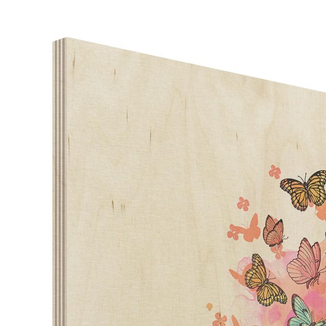 Obraz z drewna - Ilustracja kot z kolorowymi motylami malarstwo