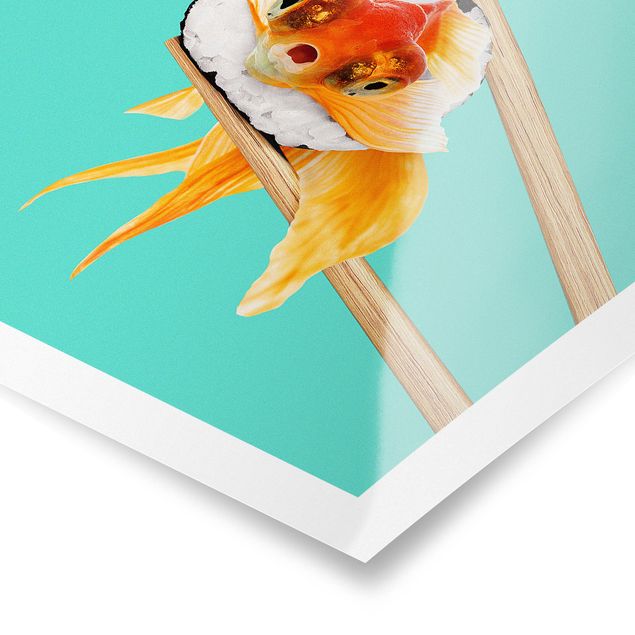 Obraz turkusowy Sushi z złotą rybką