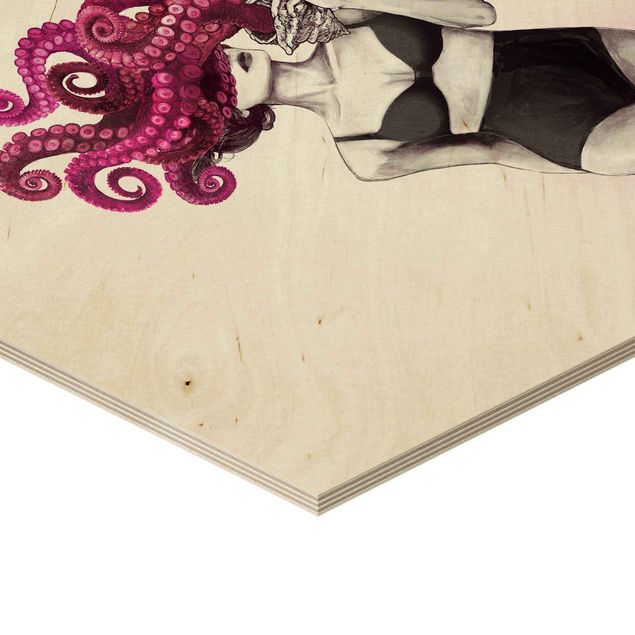 Obraz heksagonalny z drewna 2-częściowy - Rysunki kobiet - Kwiatowy ocean