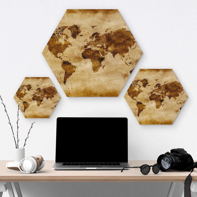 Obraz heksagonalny z drewna - Nr CG75 Mapa świata
