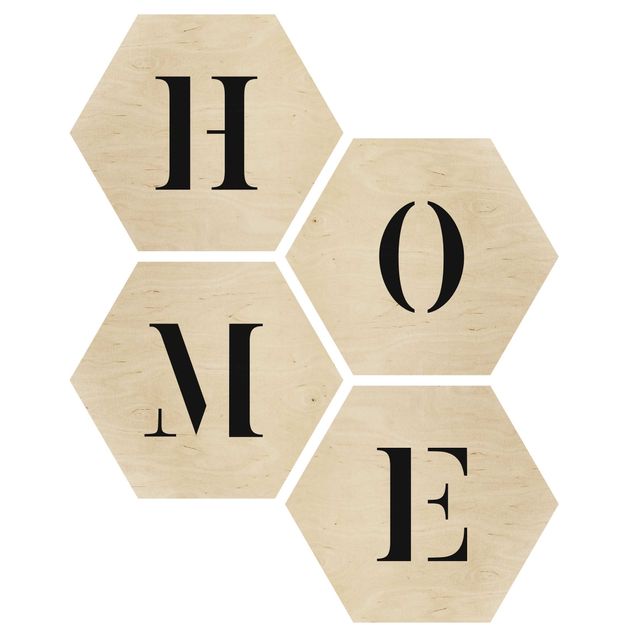 Obraz heksagonalny z drewna 4-częściowy - Litery HOME Czarny zestaw II
