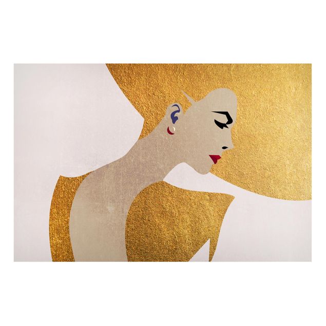 Obrazy do salonu nowoczesne Dama w kapeluszu w kolorze złotym