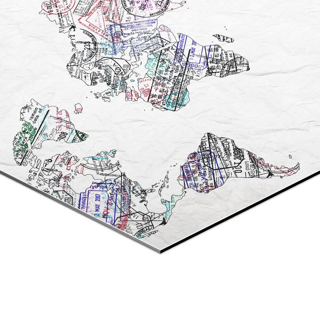 Obraz heksagonalny z Alu-Dibond - Mapa świata z pieczątką paszportową