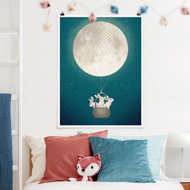Obrazy do salonu Ilustracja królik Księżyc Balon na ogrzane powietrze Gwieździste niebo