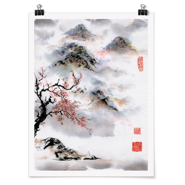 Obrazy drzewa Japońska akwarela Drzewo wiśniowe i góry