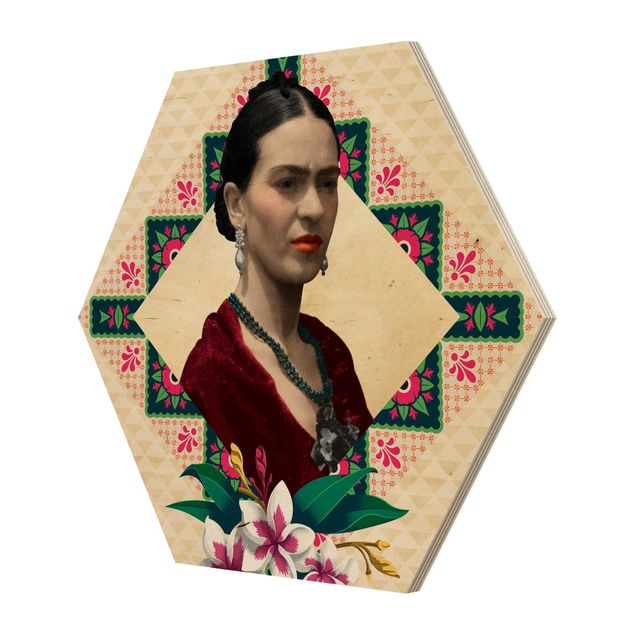 Obraz heksagonalny z drewna - Frida Kahlo - Kwiaty i geometria