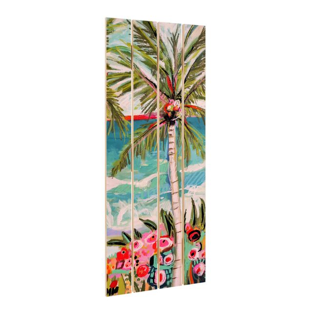 Obraz z drewna - Drzewo palmowe z różowymi kwiatami II