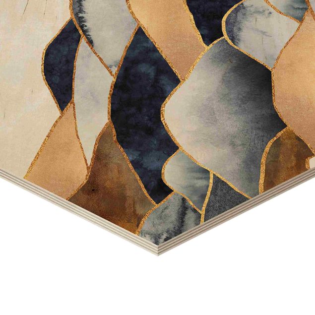 Obraz heksagonalny z drewna 2-częściowy - Geometry i Góry Złote Akwarela